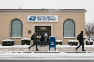 Blue USPS Mailbox Outside the Post Office